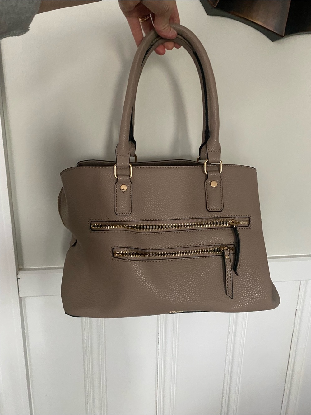 Pebbled Taupe Satchel with Gold Zipper Accents - Women's Handbag